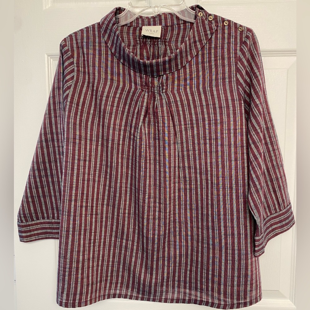 WRAP Women’s Burgundy Striped 3/4 Length Sleeve Blouse - Size 14